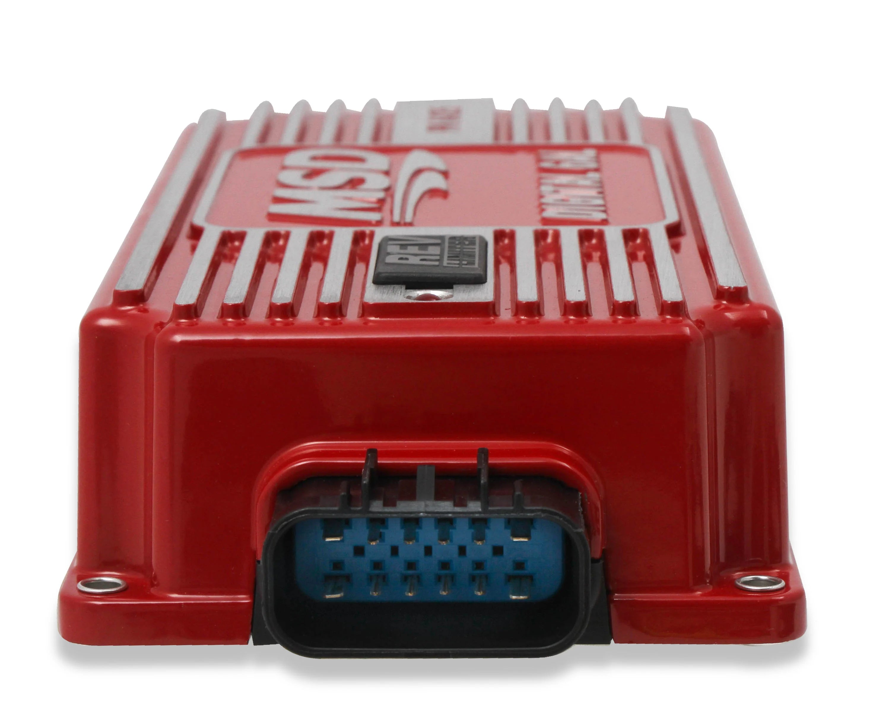 Red diagnostic scanner with OBDII connector on a white background