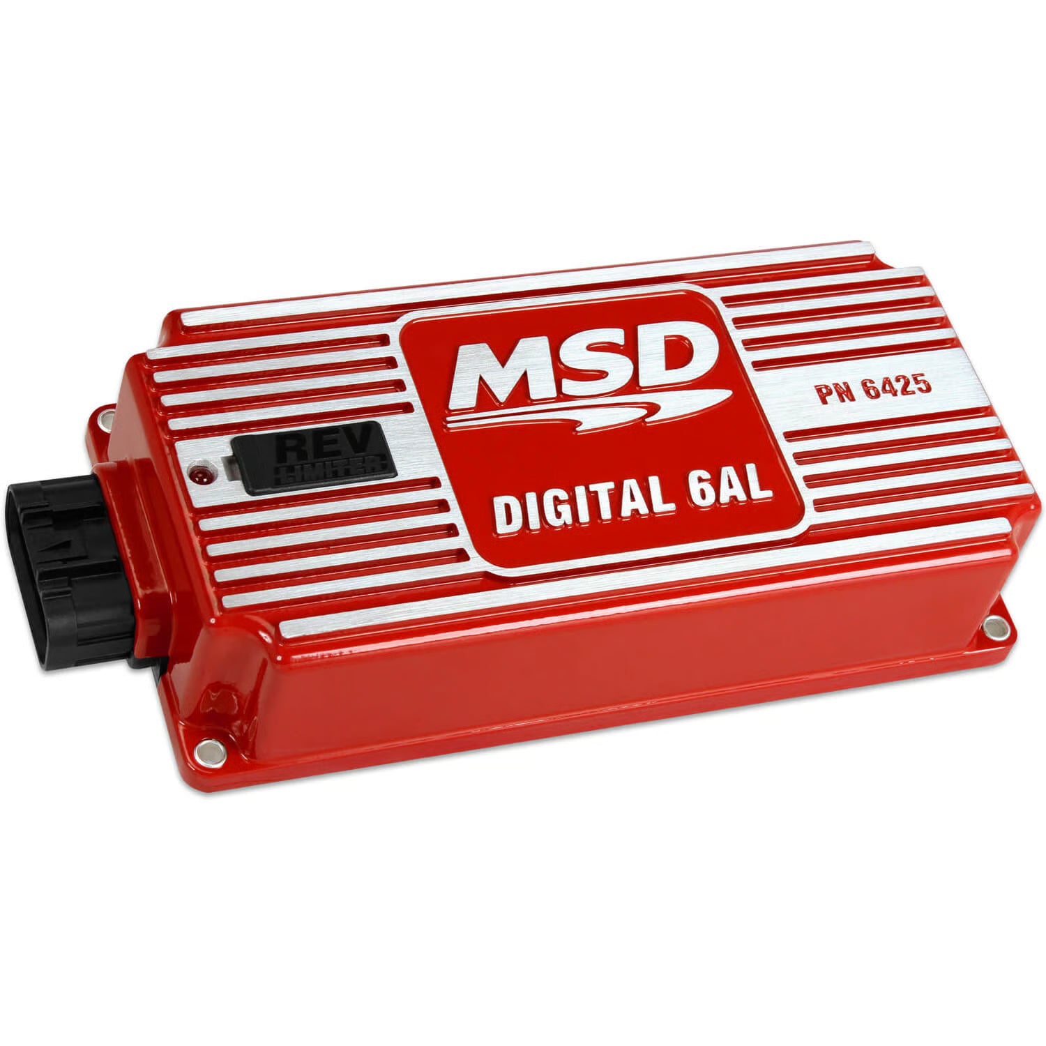 Red MSD Digital 6AL ignition module on a white background
