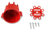 Red distributor housing with screws and a MSD branded component on a white background