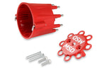 Red ignition distributor cap with screws and MSD logo on a white background