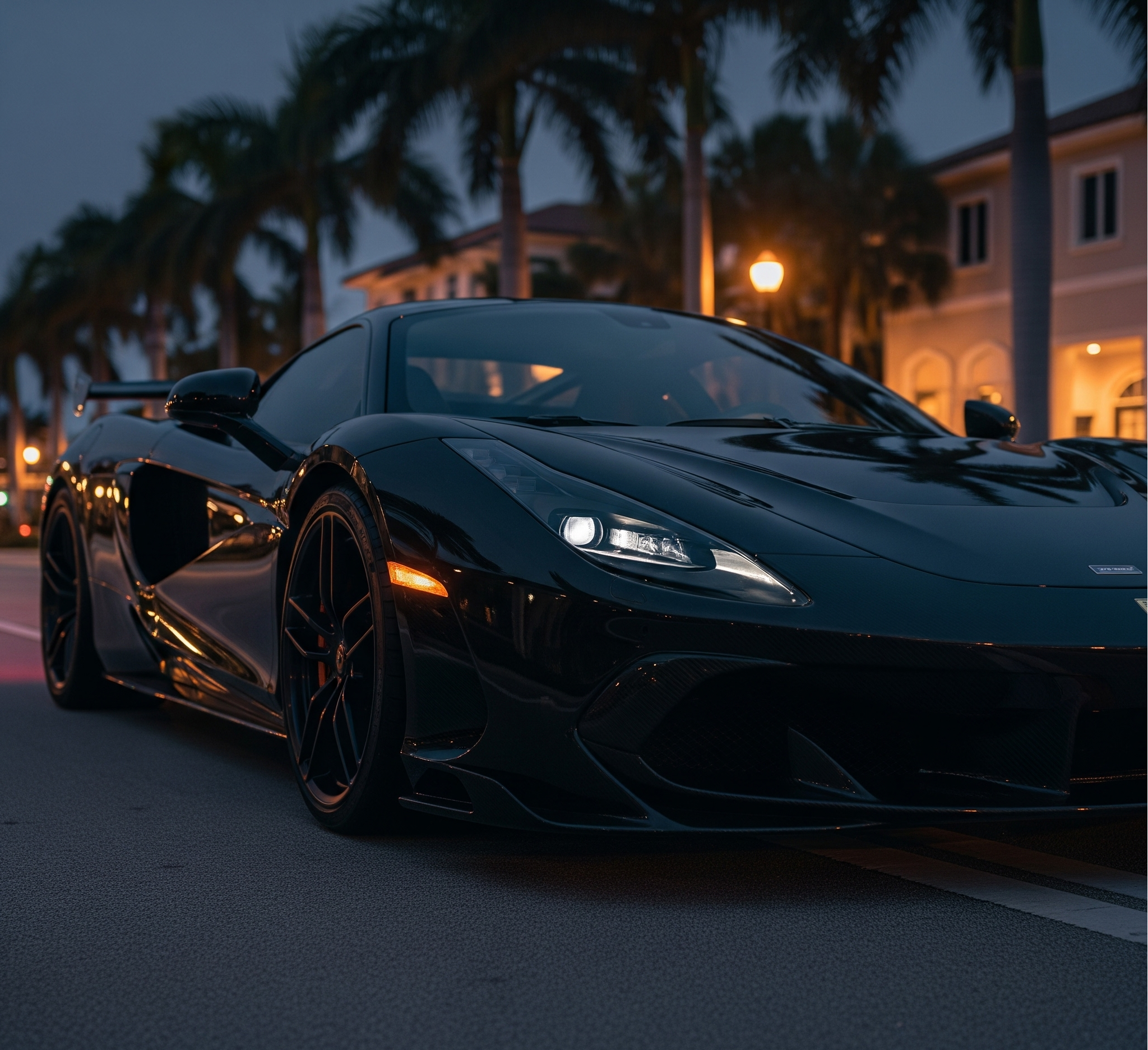 Black sports car on a street at night with palm trees and buildings in the background