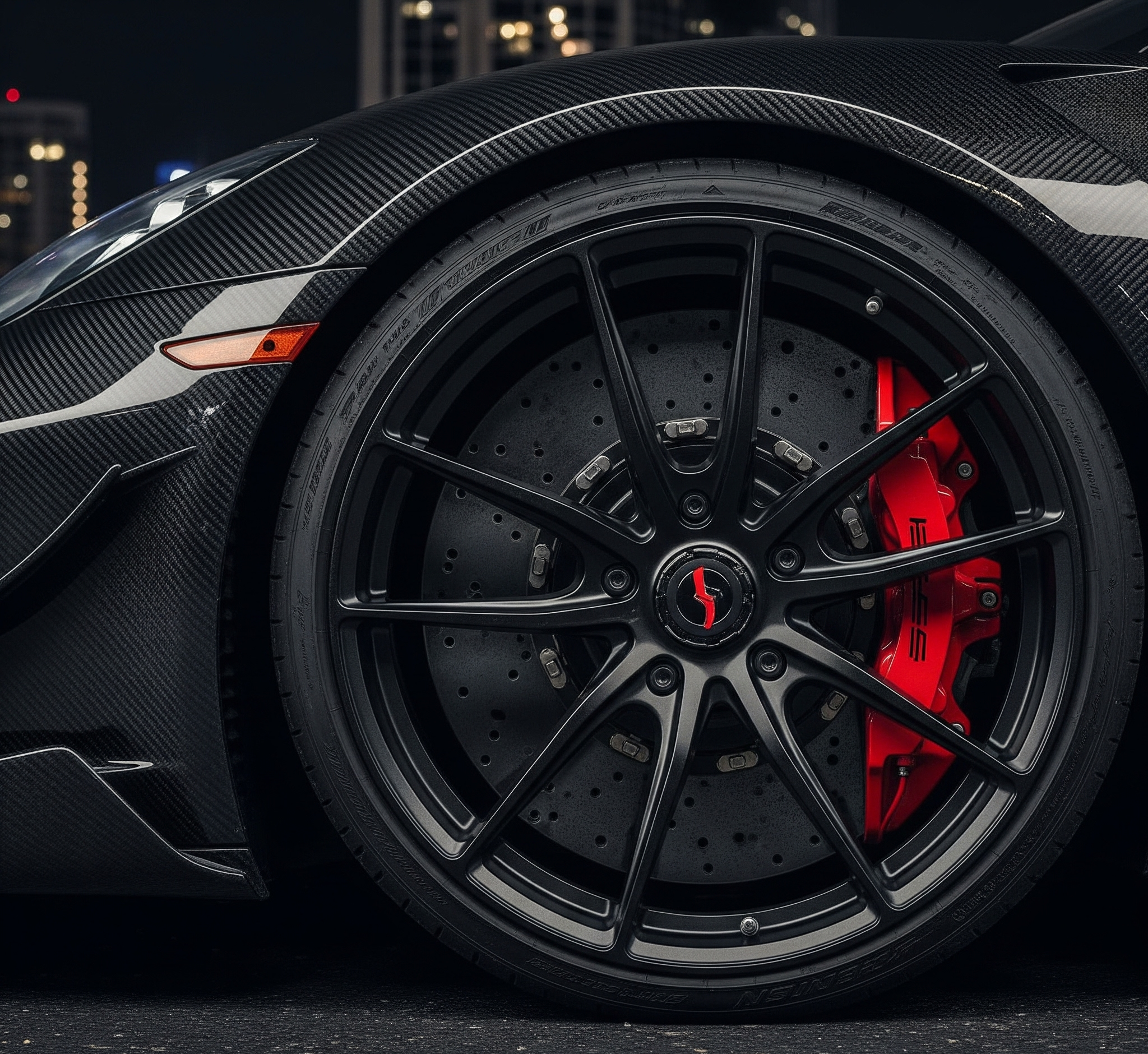 Close-up of a car wheel with a distinctive design and red brake caliper on a dark background.
